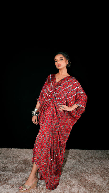 Rust Ajrakh Ruched Kaftan