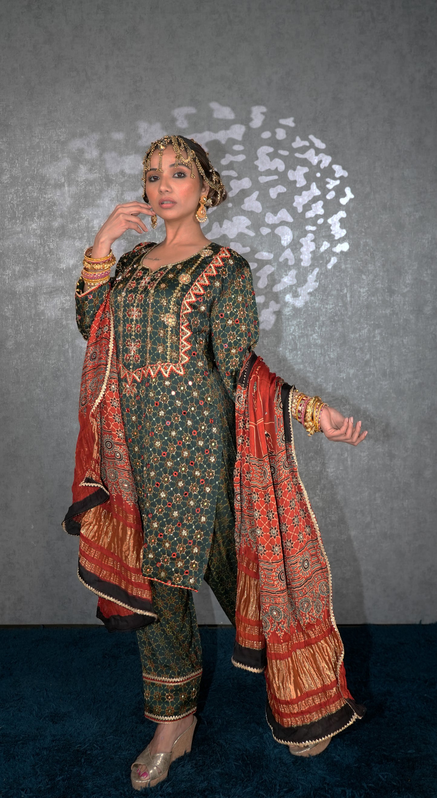 Green Ajrakh Kurta Set