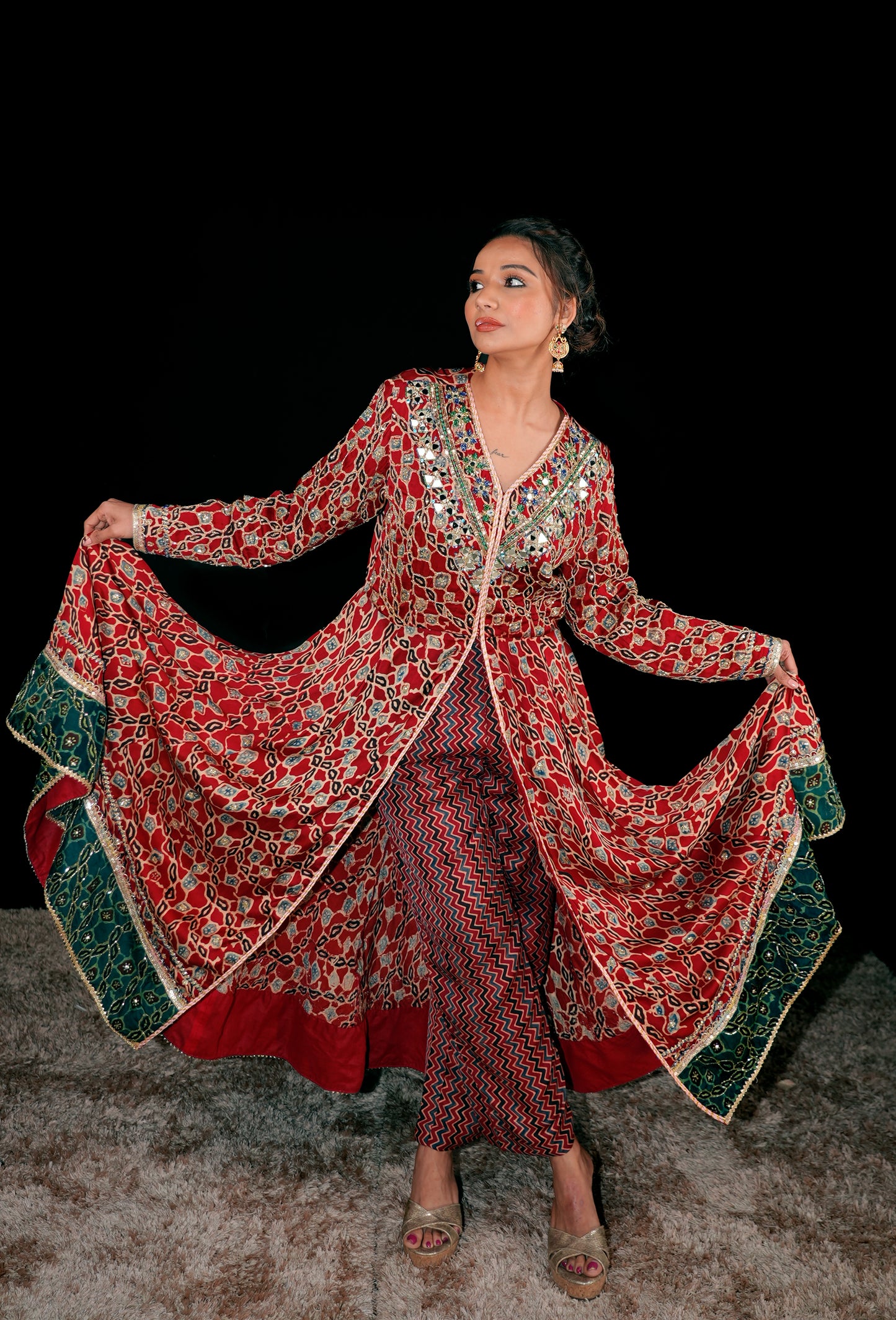 Red Ajrakh Kurta Set