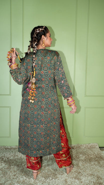 Green Ajrakh Kurta Set
