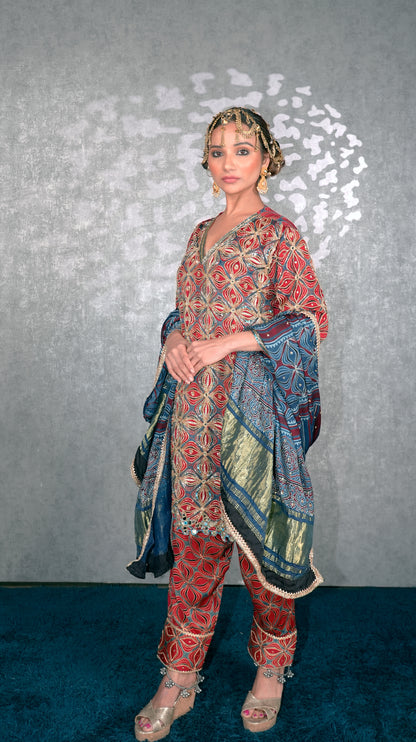 Red Ajrakh Kurta Set