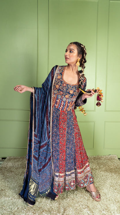 Blue & Red Ajrakh Anarkali