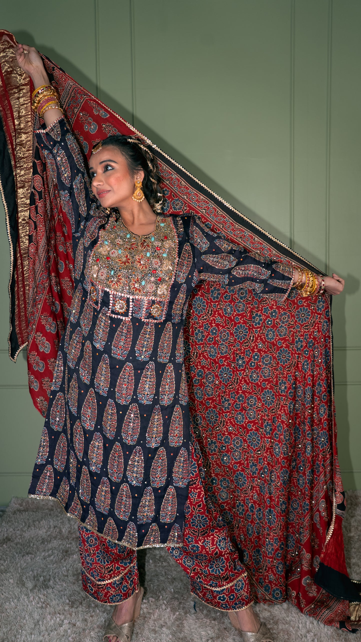 Black Ajrakh Kurta Set