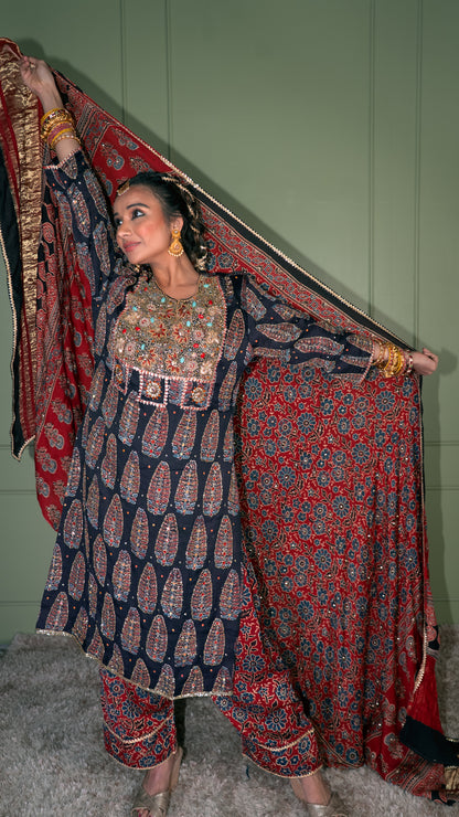 Black Ajrakh Kurta Set