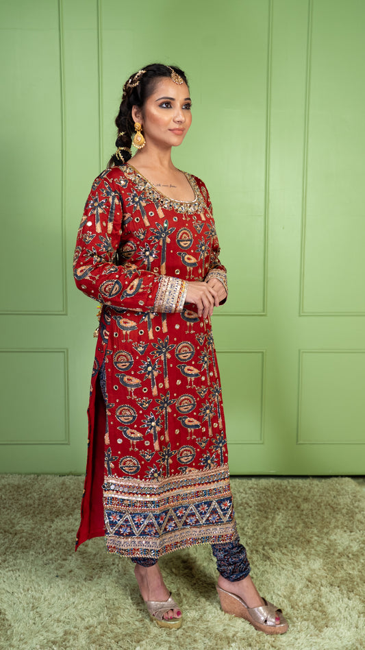 Red Ajrakh Kurta Set