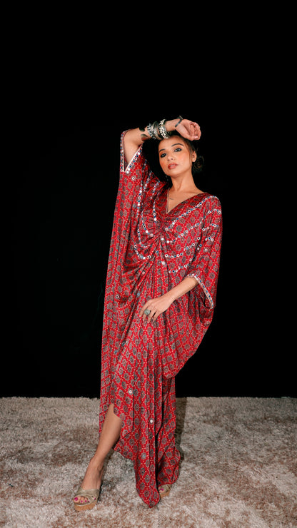 Rust Ajrakh Ruched Kaftan