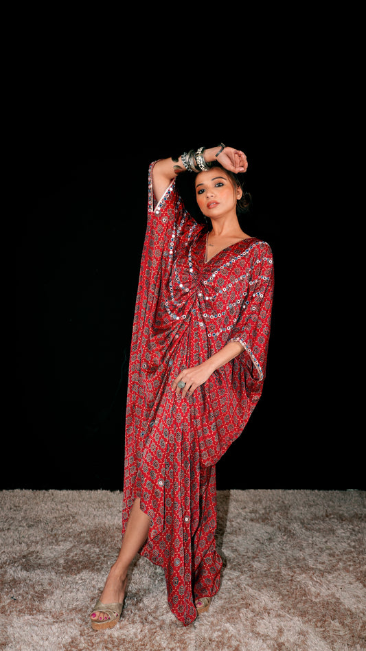 Rust Ajrakh Ruched Kaftan