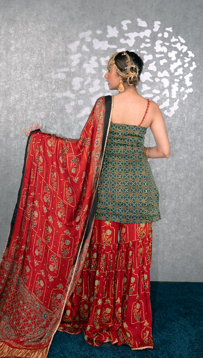 Green Ajrakh Garara Set