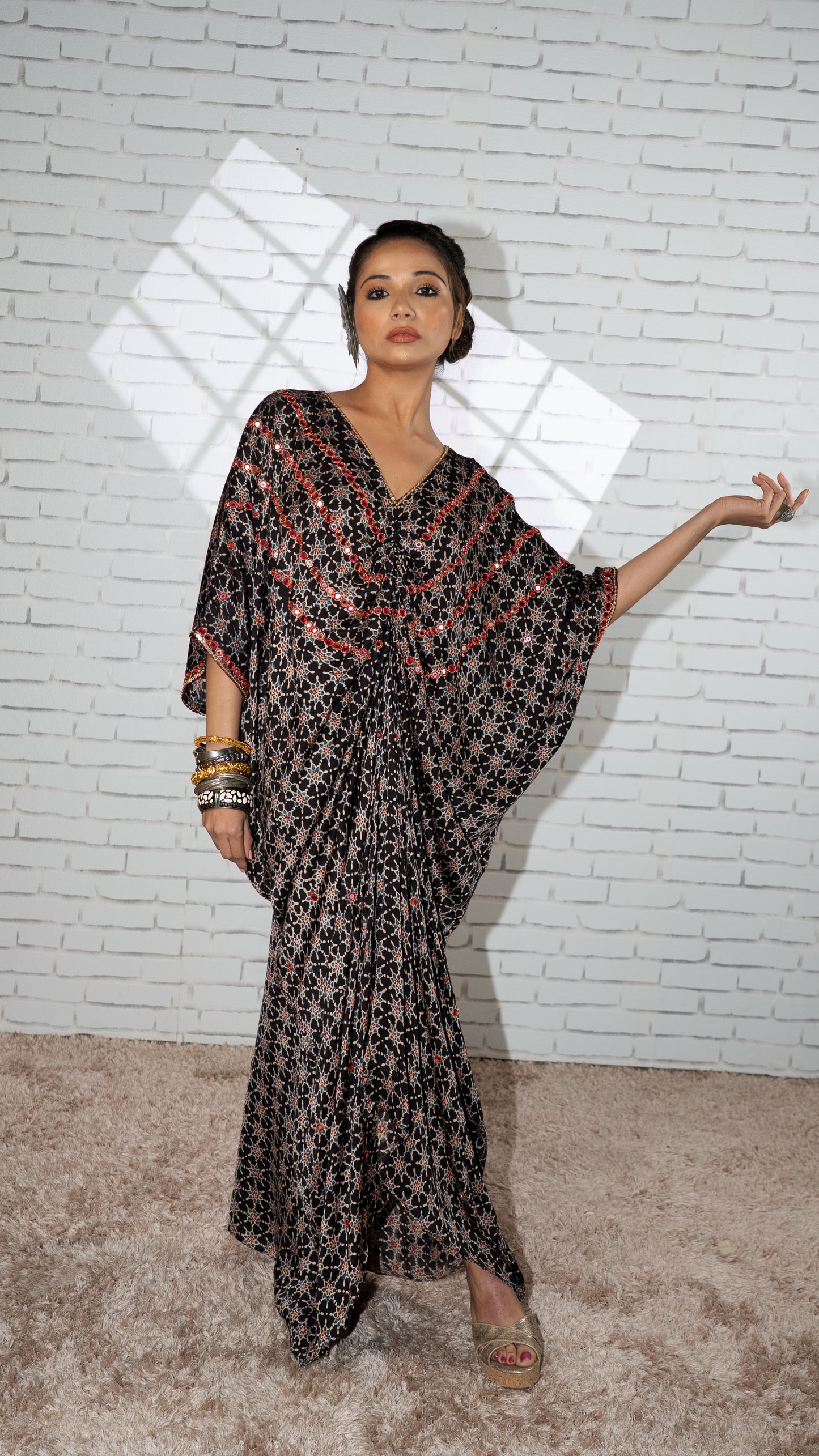 Black  Ajrakh Ruched Kaftan