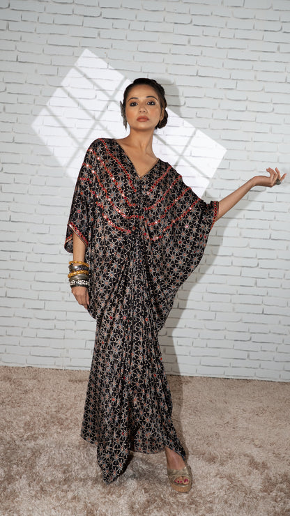 Black  Ajrakh Ruched Kaftan