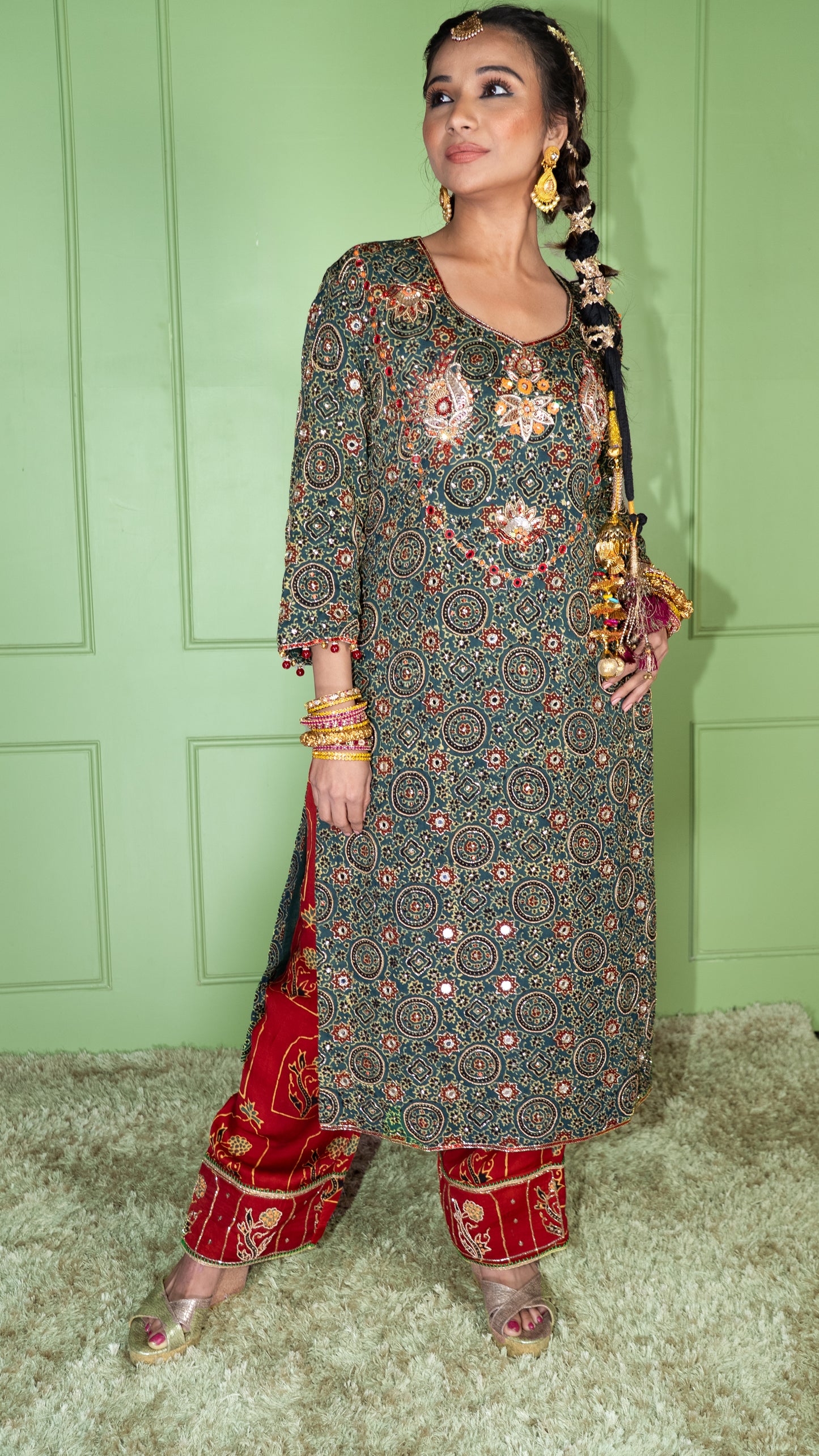 Green Ajrakh Kurta Set