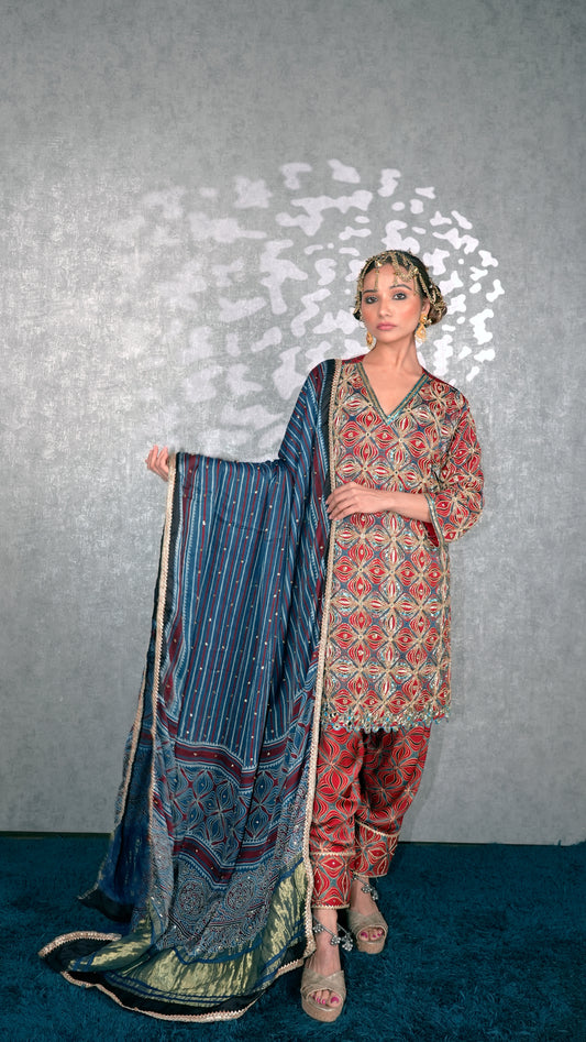 Red Ajrakh Kurta Set