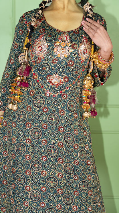 Green Ajrakh Kurta Set