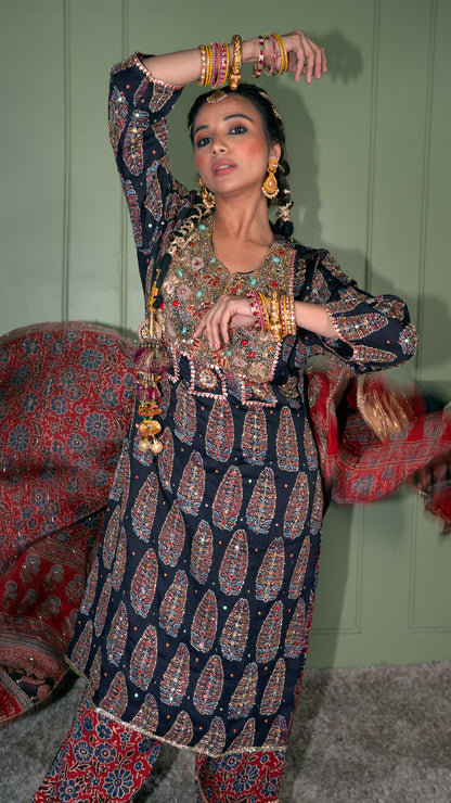Black Ajrakh Kurta Set