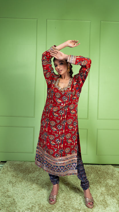 Red Ajrakh Kurta Set