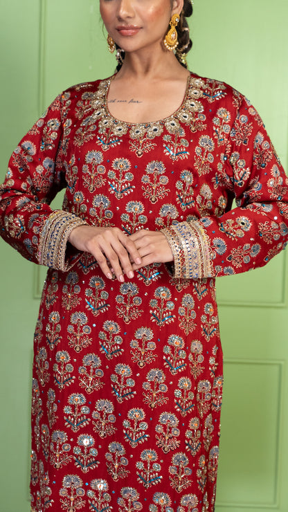 Red Ajrakh Kurta Set