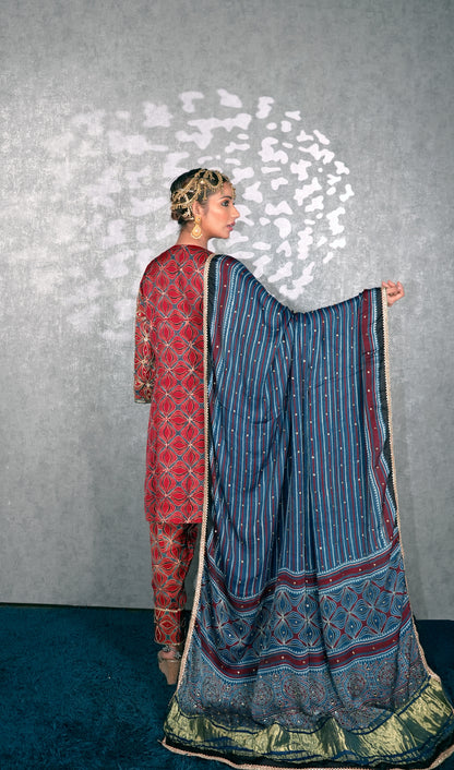 Red Ajrakh Kurta Set
