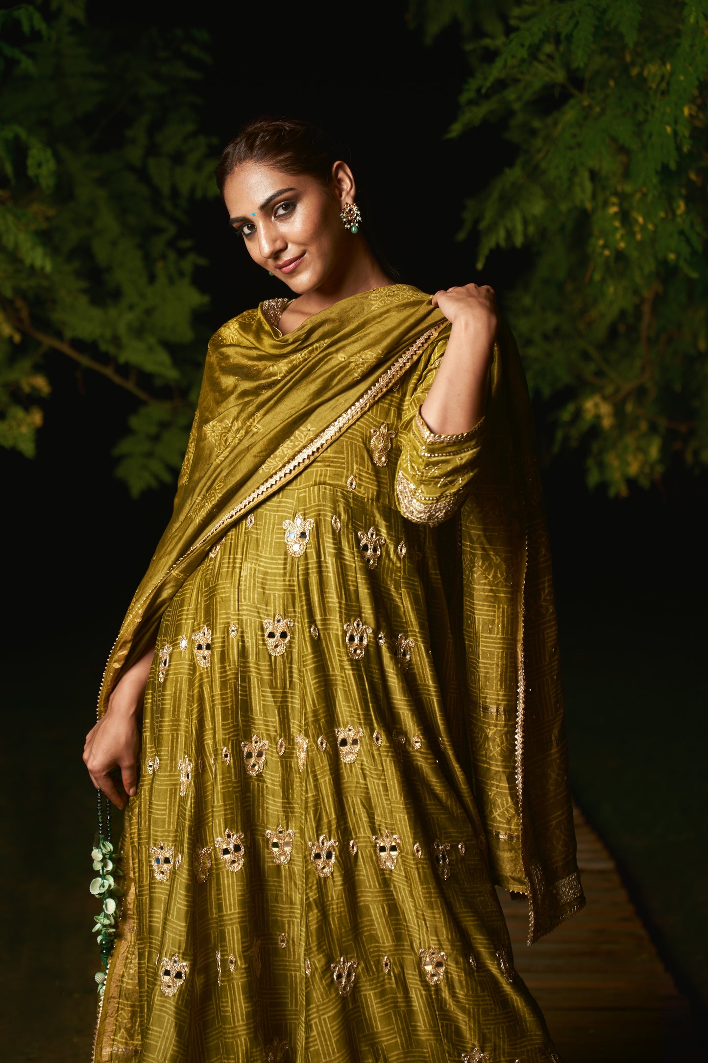 OLIVE GREEN  EMBROIDERE ANARKALI