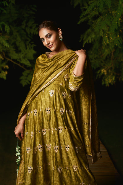 OLIVE GREEN  EMBROIDERE ANARKALI