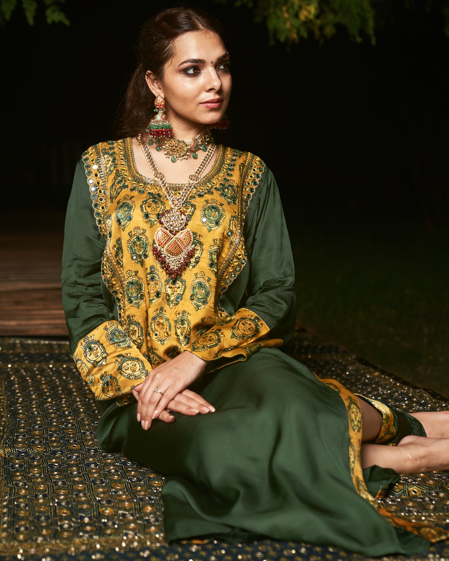 GREEN EMBROIDERED YOKE KAFTAN