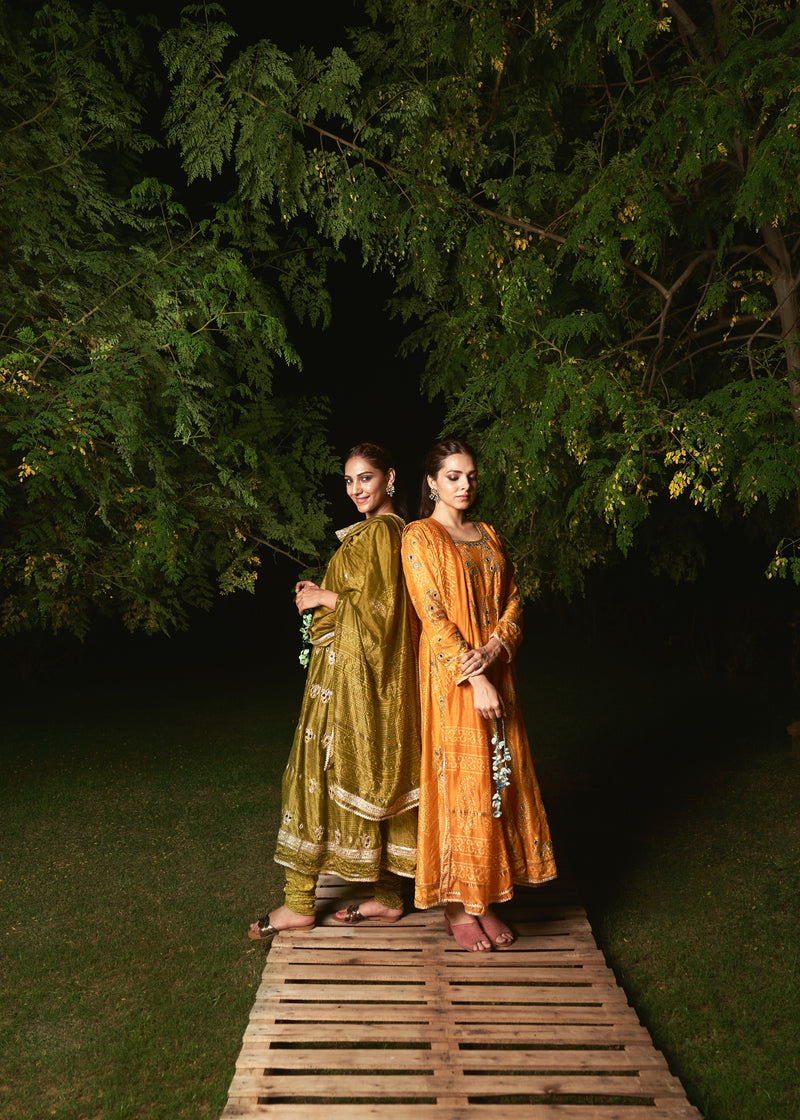 OLIVE GREEN  EMBROIDERE ANARKALI
