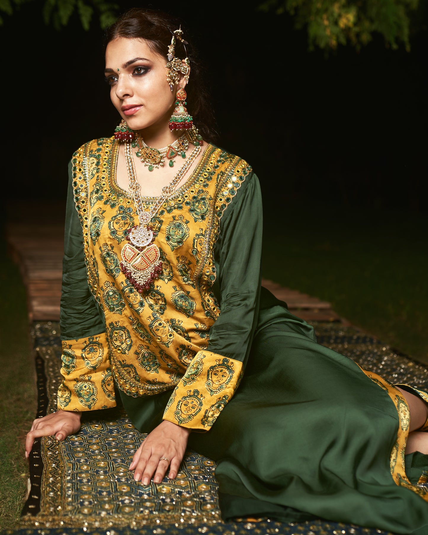 GREEN EMBROIDERED YOKE KAFTAN