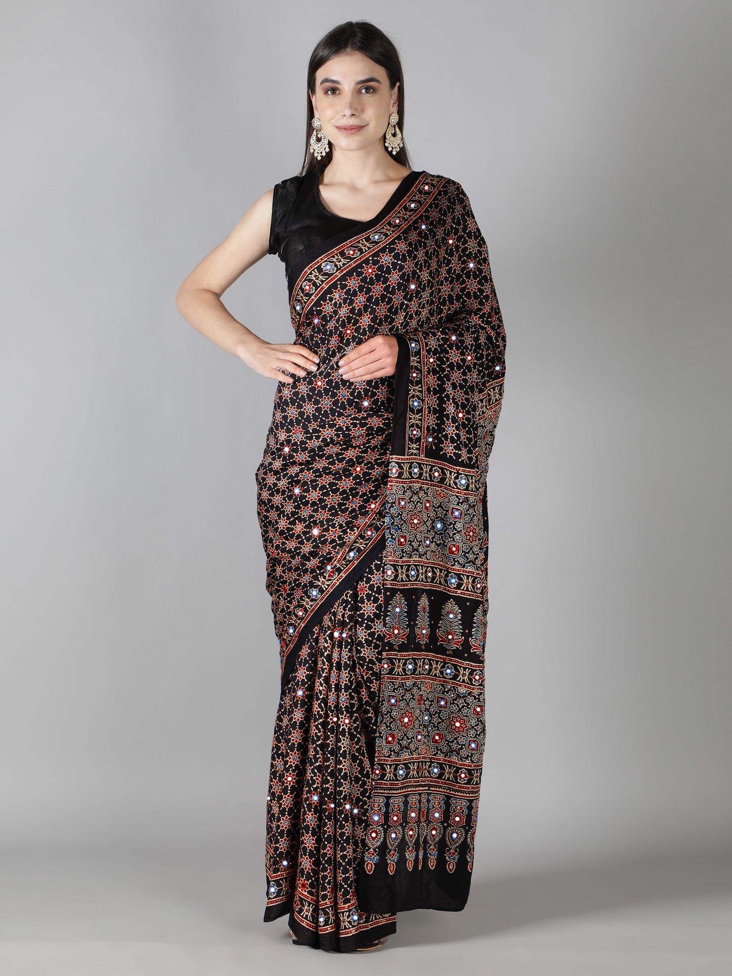 Smoke Black Star Ajrakh Saree