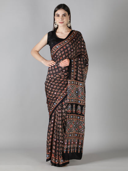 Smoke Black Star Ajrakh Saree