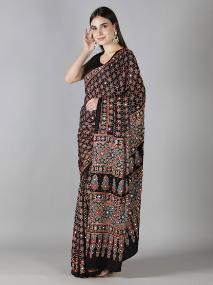 Smoke Black Star Ajrakh Saree