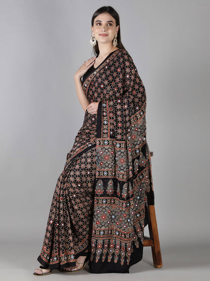 Smoke Black Star Ajrakh Saree