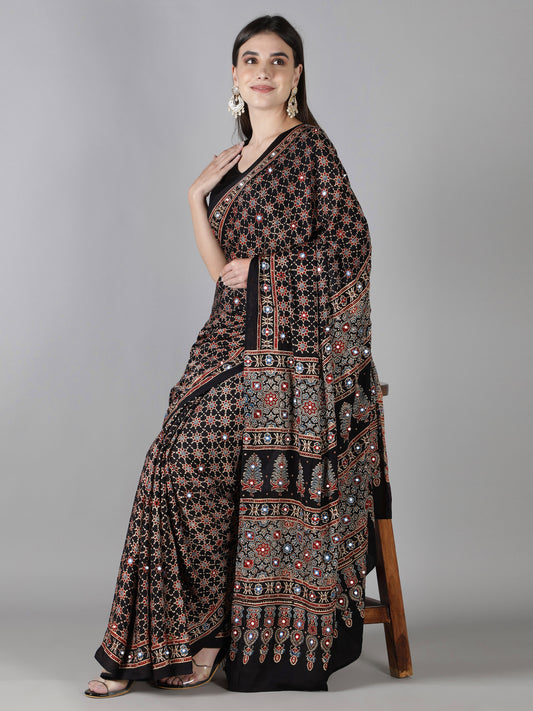 Smoke Black Star Ajrakh Saree