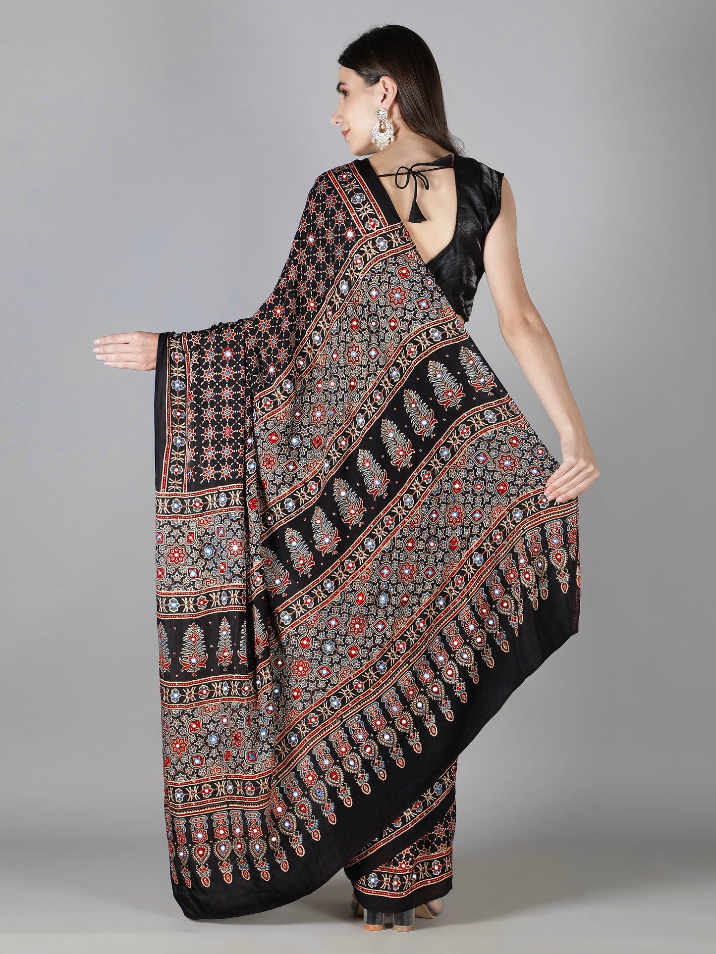 Smoke Black Star Ajrakh Saree