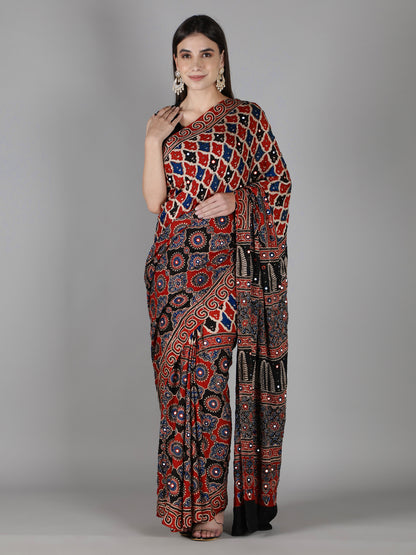 Red And Black Multi Hued Ajrakh Saree