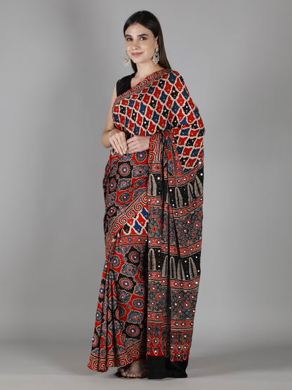 Red And Black Multi Hued Ajrakh Saree