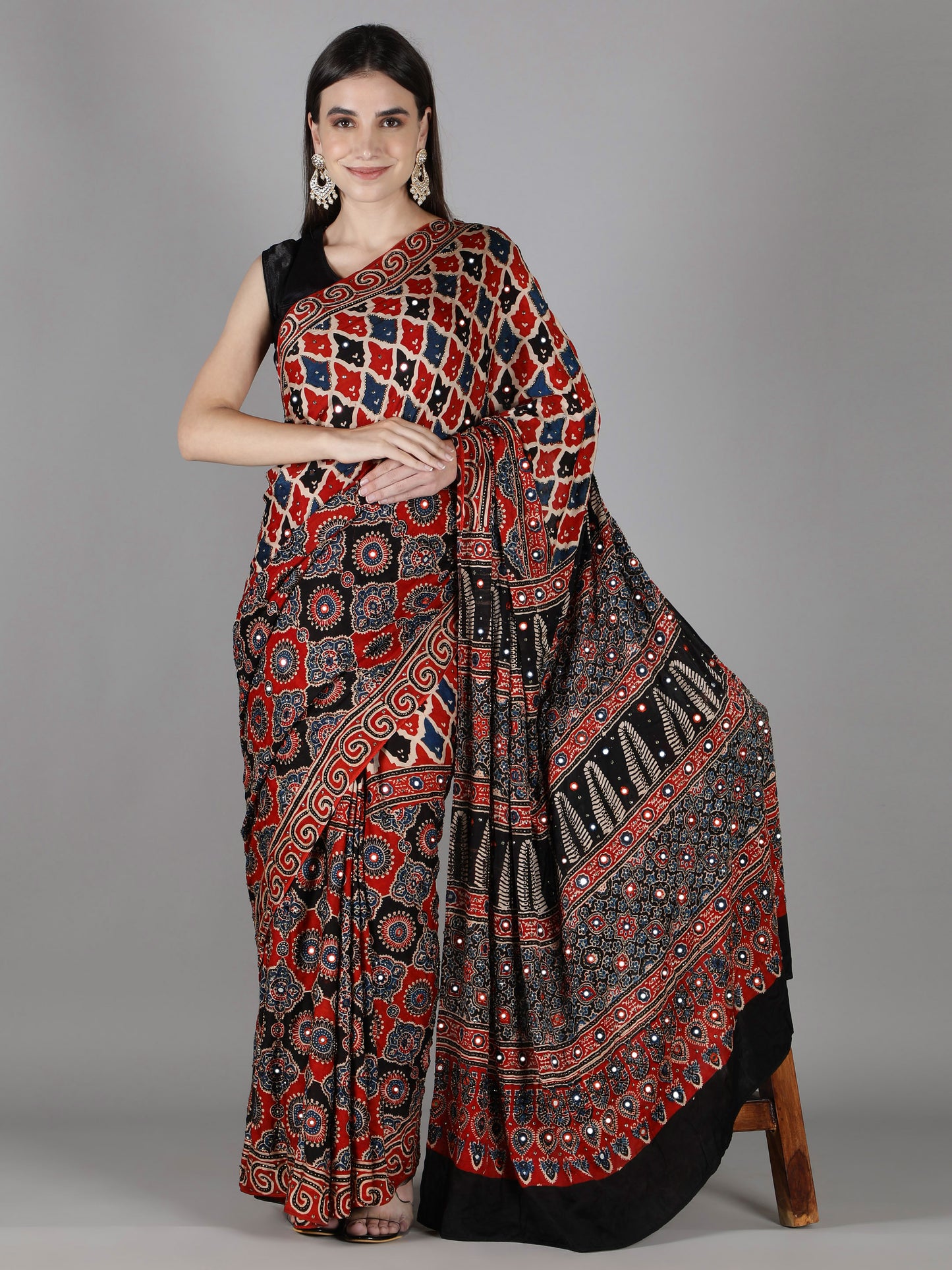 Red And Black Multi Hued Ajrakh Saree