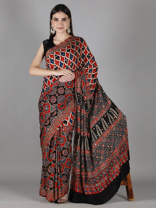 Red And Black Multi Hued Ajrakh Saree