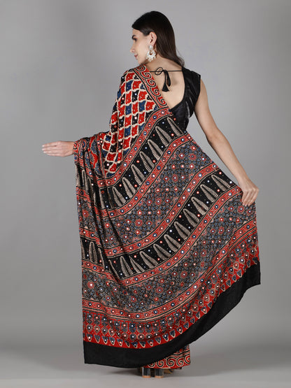 Red And Black Multi Hued Ajrakh Saree