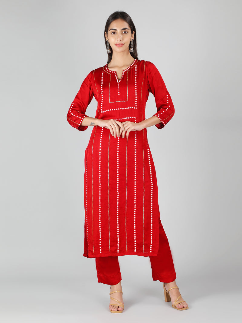 RED EMBROIDERED KURTA SET