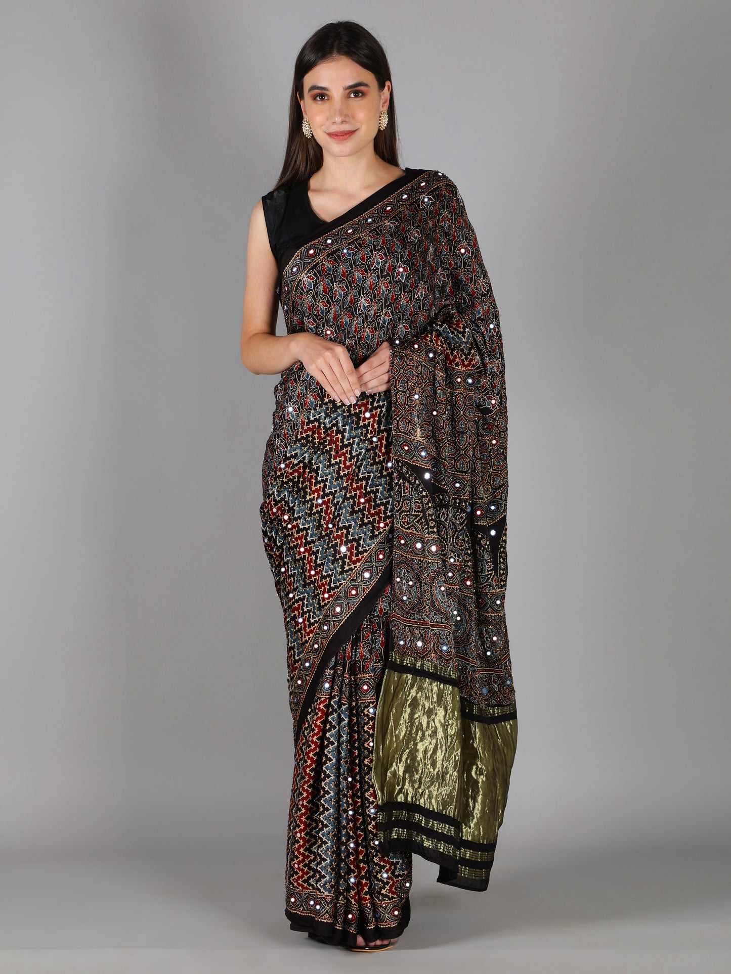 Ash Black Multi Hued Ajrakh Saree