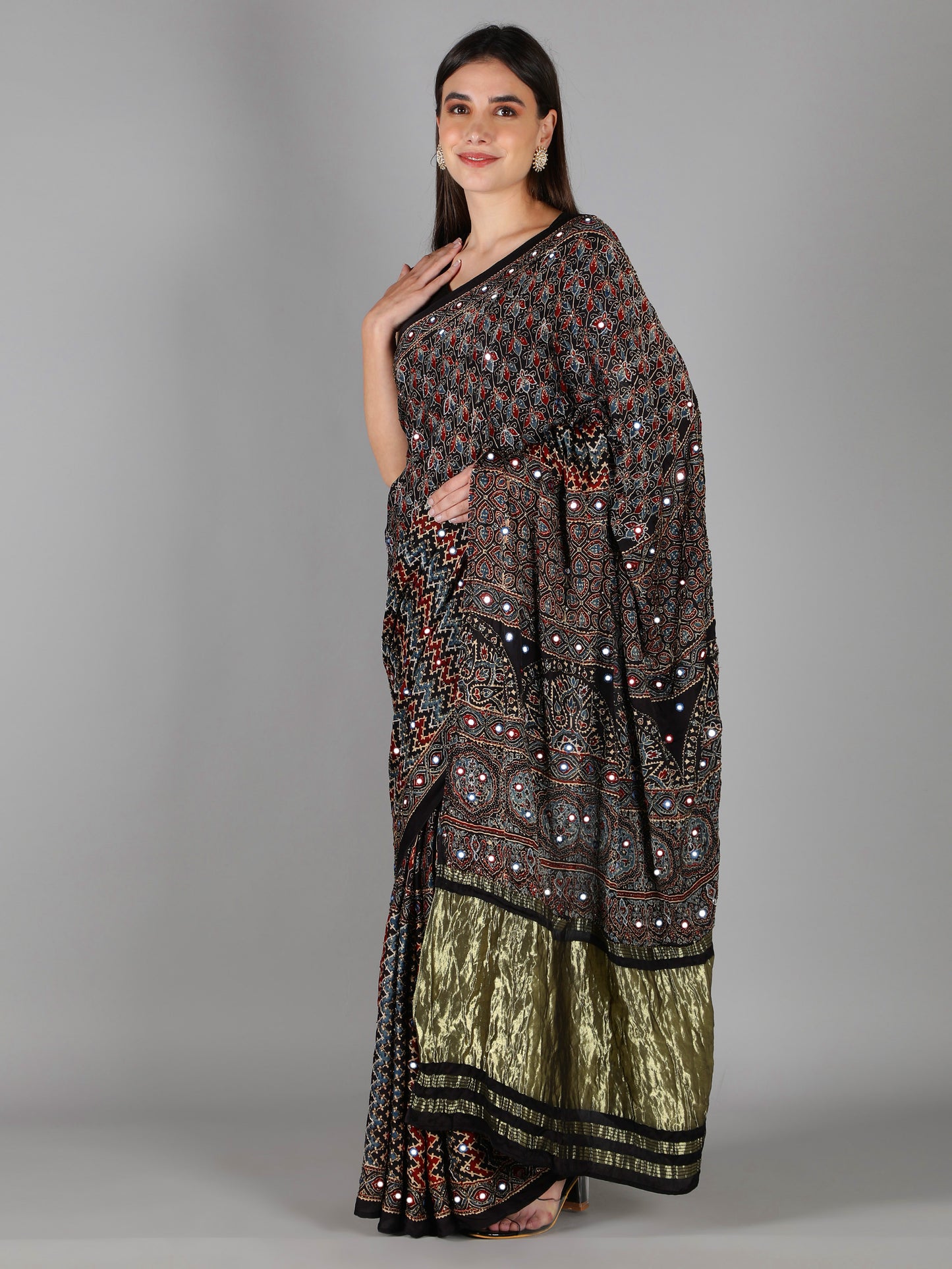 Ash Black Multi Hued Ajrakh Saree