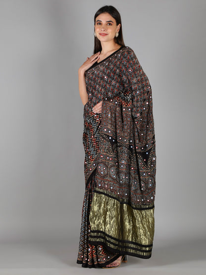 Ash Black Multi Hued Ajrakh Saree