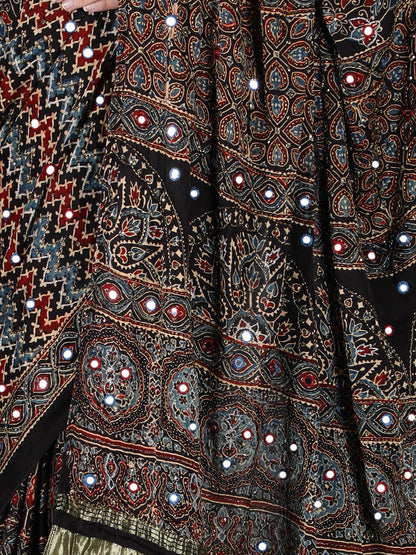 Ash Black Multi Hued Ajrakh Saree