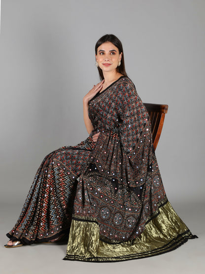 Ash Black Multi Hued Ajrakh Saree