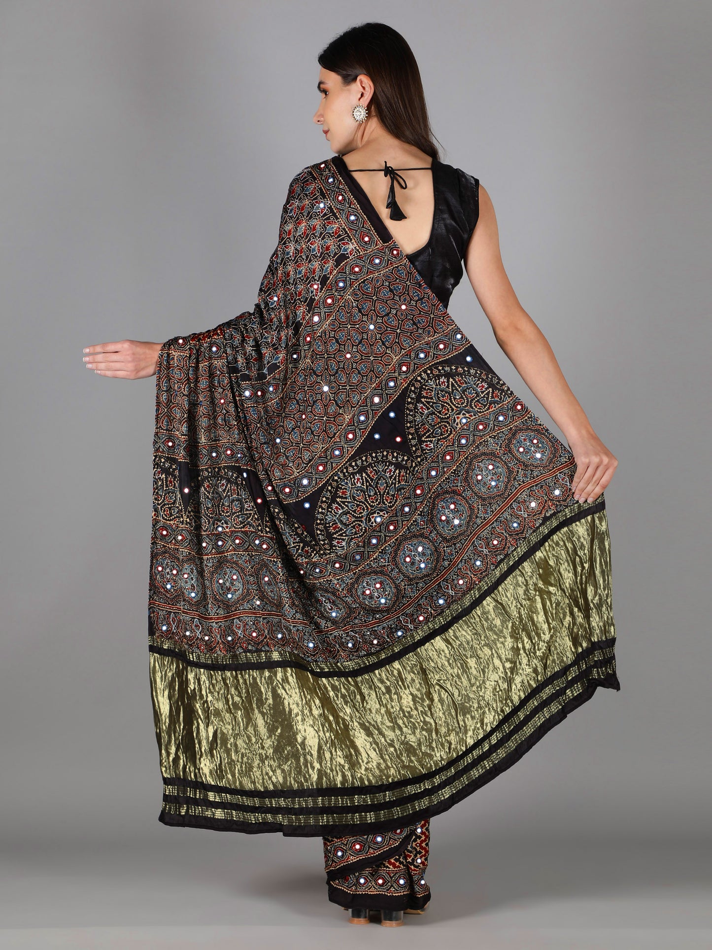 Ash Black Multi Hued Ajrakh Saree
