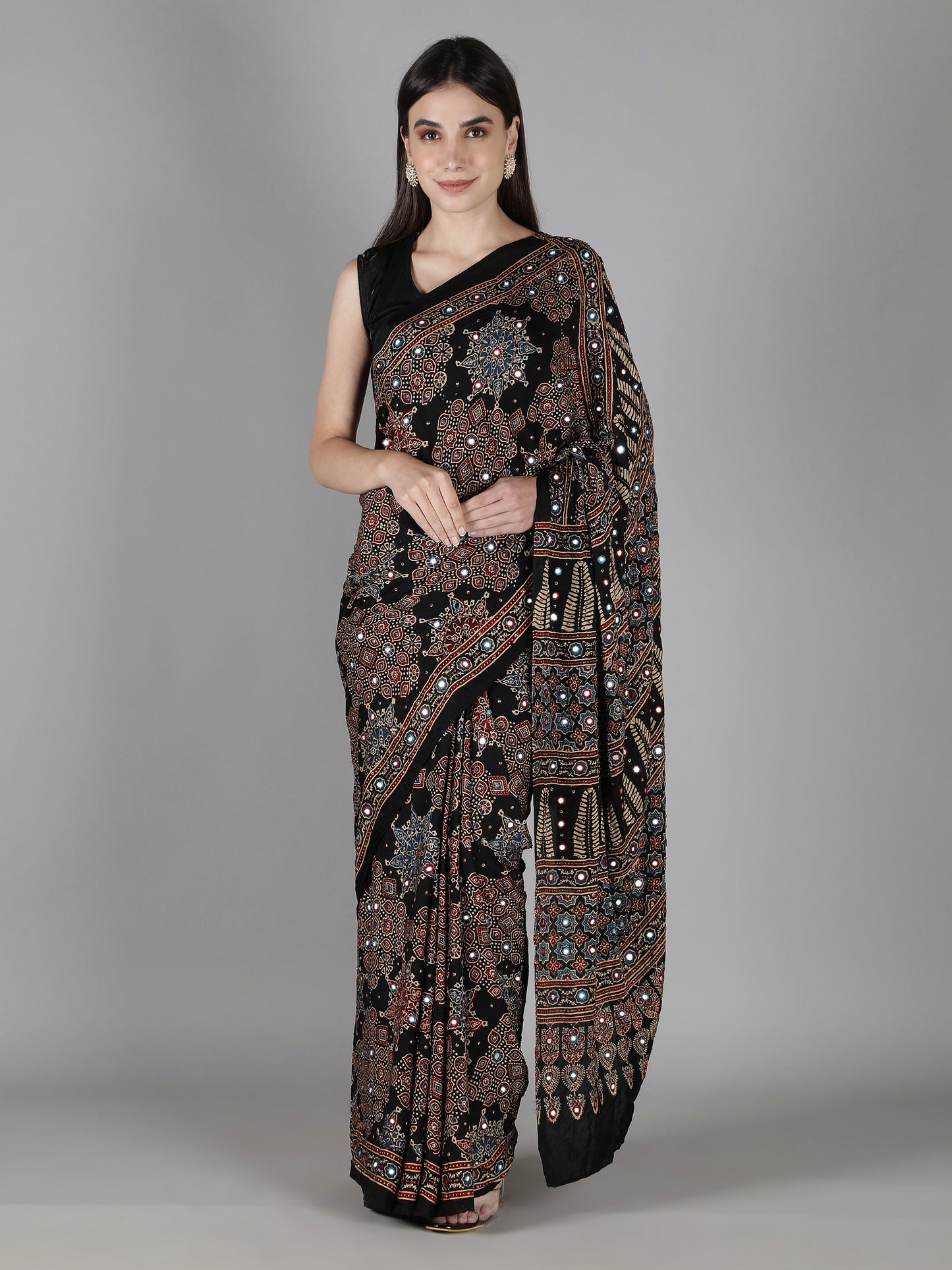 Midnight Black Boota Ajrakh Saree