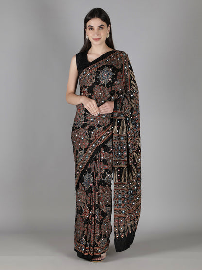 Midnight Black Boota Ajrakh Saree