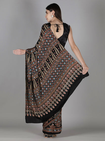 Midnight Black Boota Ajrakh Saree