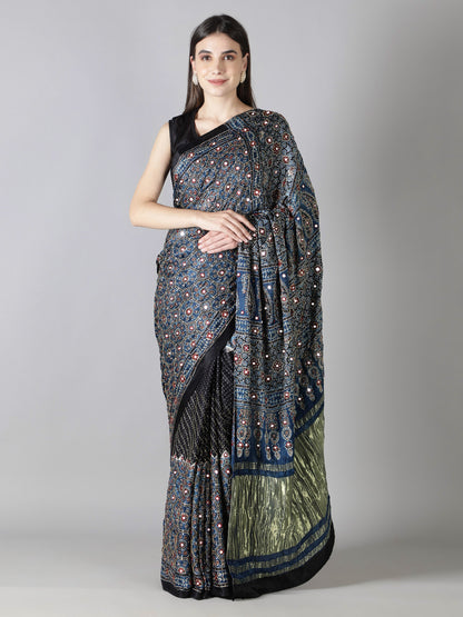 Cobalt Blue And Black Ajrakh Saree