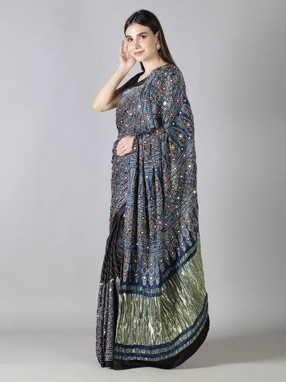 Cobalt Blue And Black Ajrakh Saree