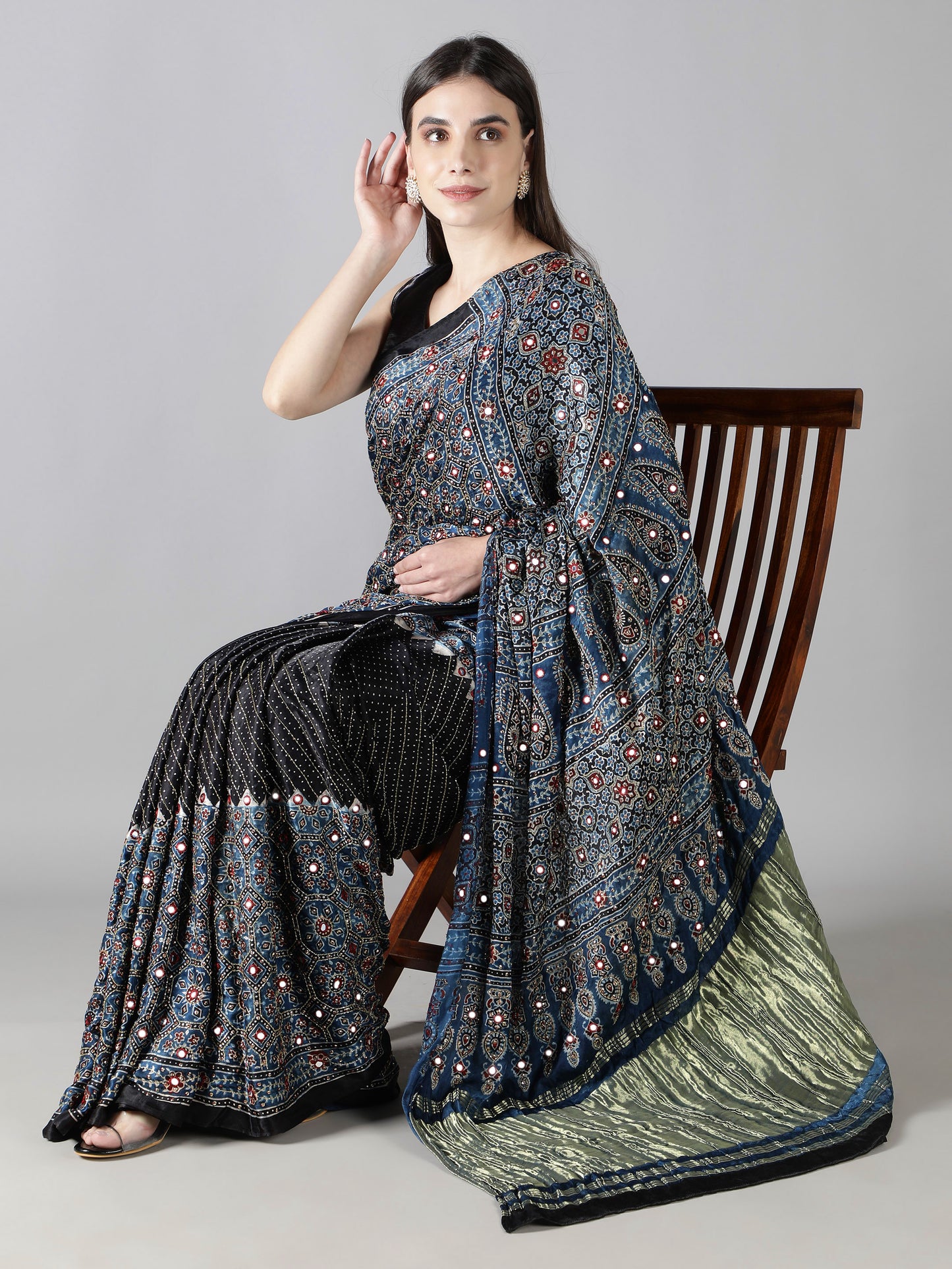 Cobalt Blue And Black Ajrakh Saree